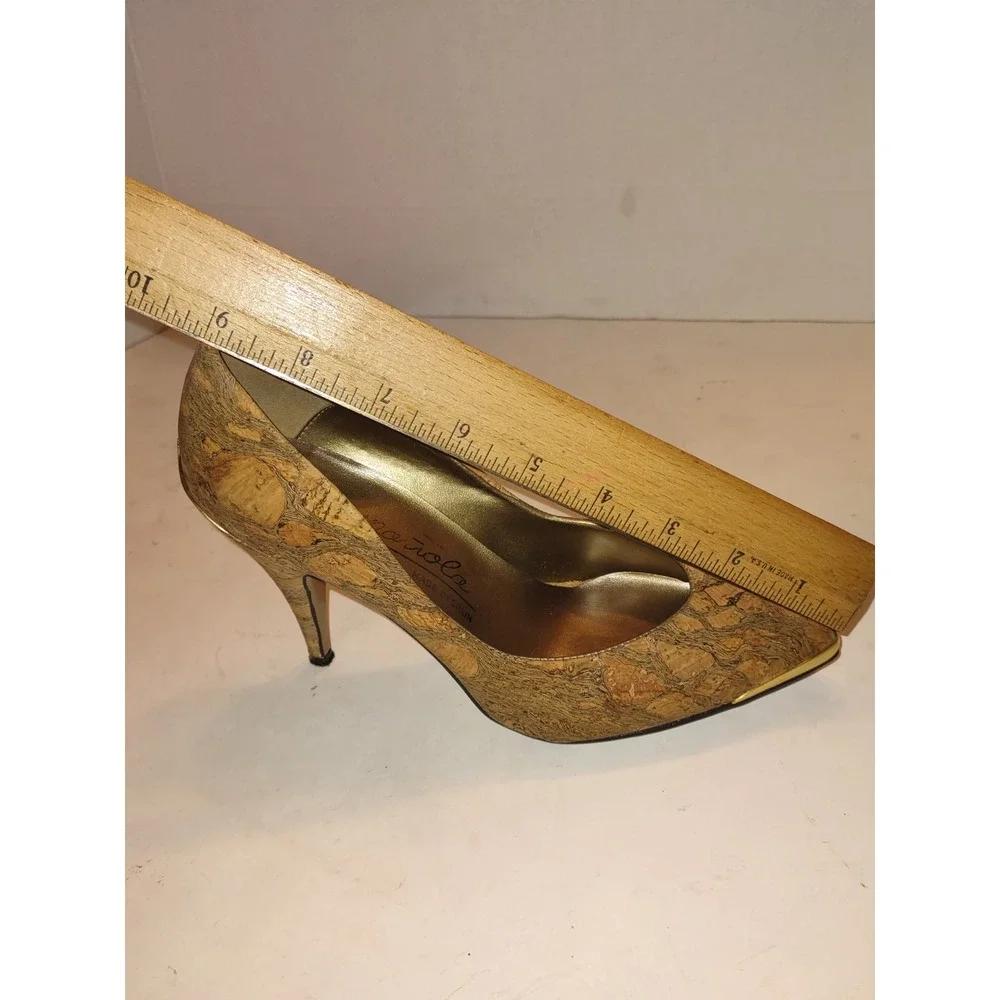 Española Cork Stiletto Pumps Gold Metal Detail Made in Spain Tan Heels Size 5-6